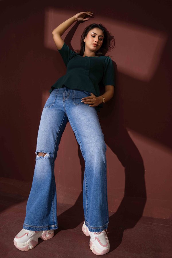 Tugra Girls Blue Knee Ripeed Flap Pocket Jeans - Image 2