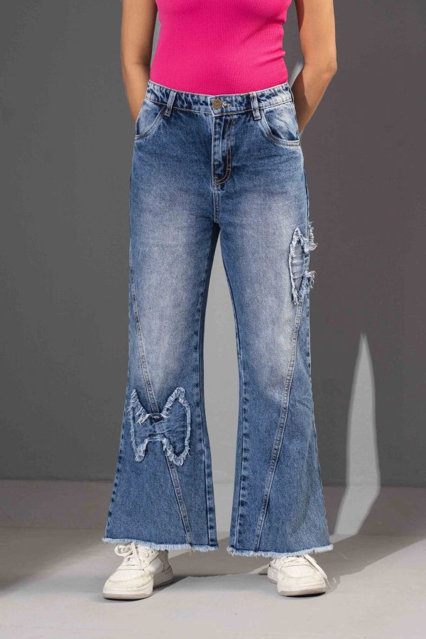 Tugra Girls Aesthetic Faded Blue Jeans With Butterfly - Image 2