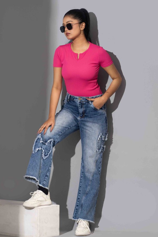 Tugra Girls Aesthetic Faded Blue Jeans With Butterfly
