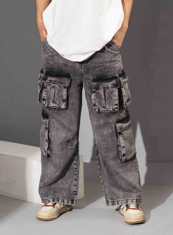 Tugra Girls Wide Leg Heavy Fade Cargo Style Jeans - Image 3