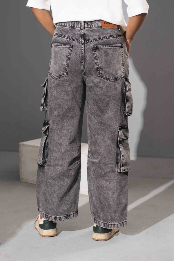 Tugra Girls Wide Leg Heavy Fade Cargo Style Jeans - Image 4