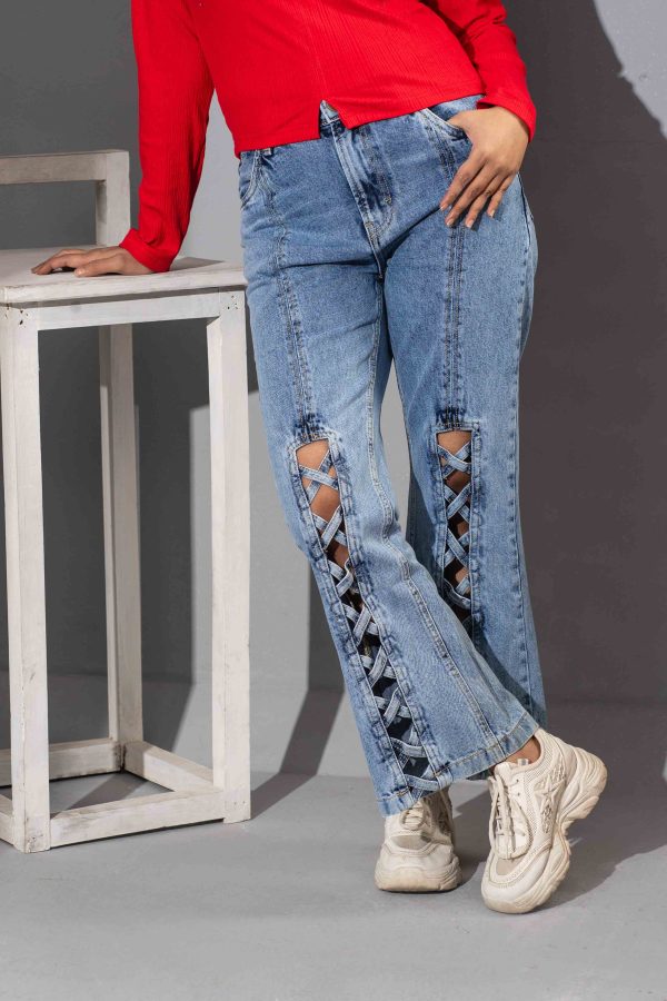 Tugra Light Blue Denim Lace Up Front Raw For Girls - Image 4