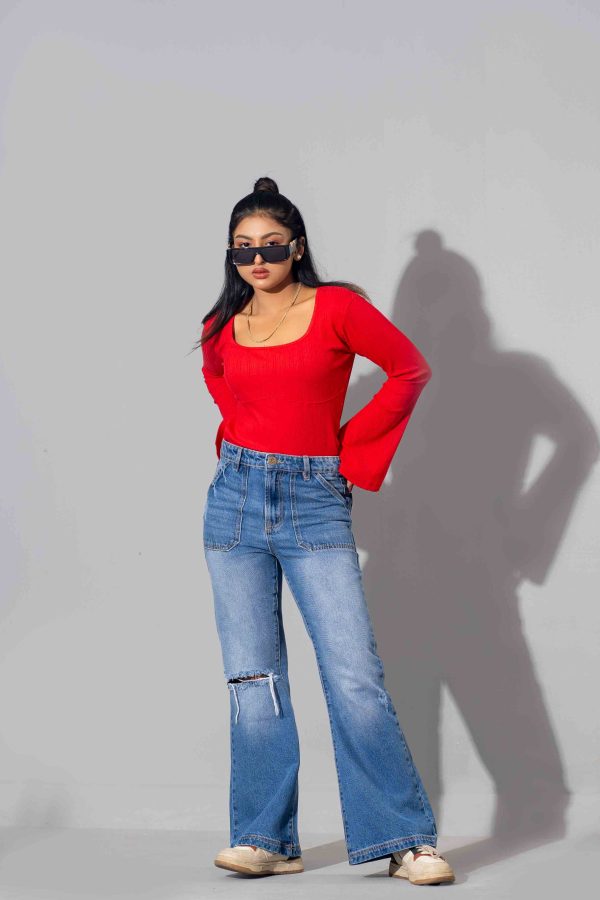 Tugra Girls Blue Knee Ripeed Flap Pocket Jeans