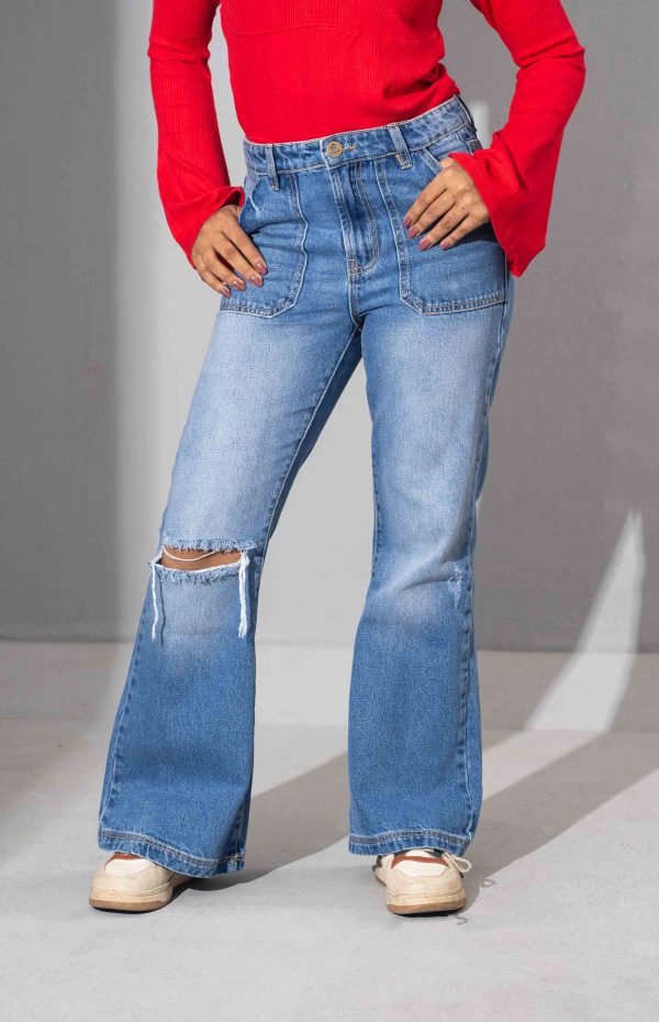Tugra Girls Blue Knee Ripeed Flap Pocket Jeans - Image 3