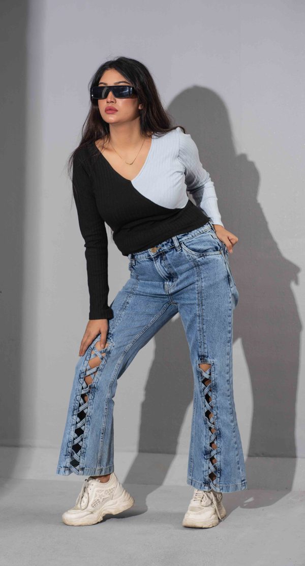 Tugra Light Blue Denim Lace Up Front Raw For Girls - Image 3